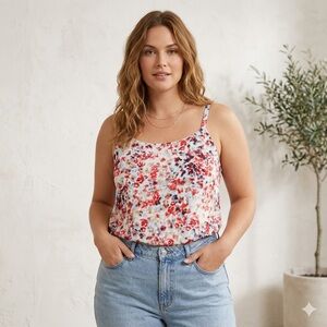 DKNY Floral White Cami with Red & Navy Accents